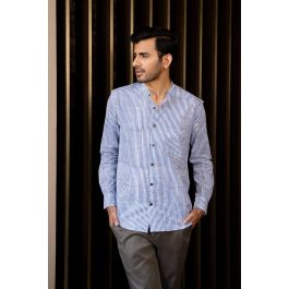 Modish Mandarin Collar Blue and White Striped Shirt - Shirt for Men