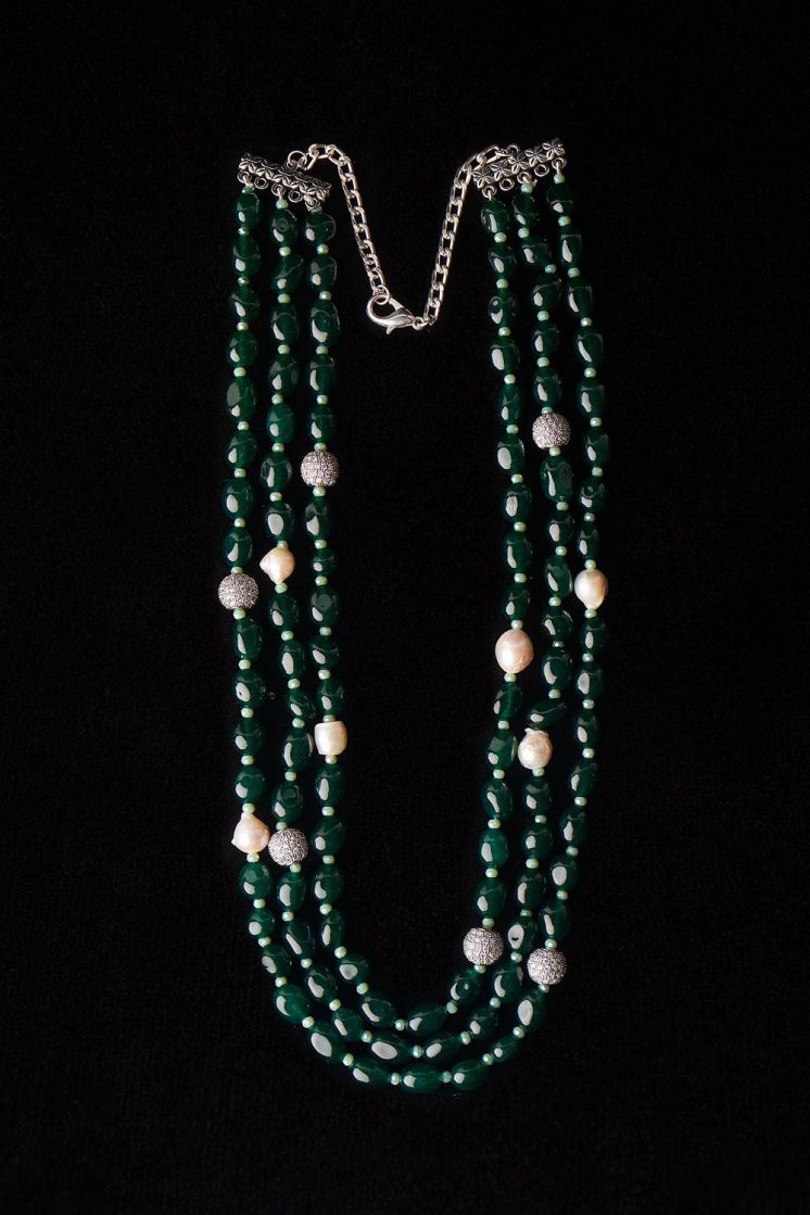 3 Line Freshwater Real Natural Pearl and Green Beads Necklace for Women  (SN962)